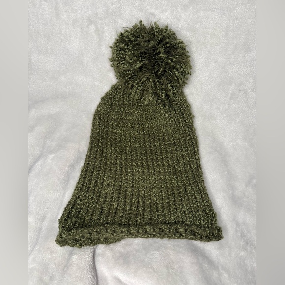 Olive Green Knit Beanie with Pom Pom - Picture 3 of 4